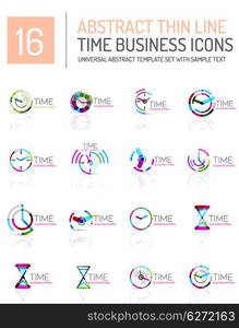 Geometric clock and time icon logo set. Thin line geometric flat style symbols or logotypes. Business time management, running time idea, timing concept