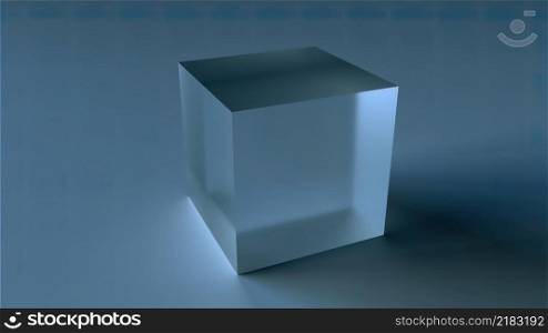 Geometric crystal with 3d render of matte surface. Futuristic square minimalism with clean sides and visible shadow. Creative container for art exhibition and digital presentation Geometric crystal with 3d render of matte surface. Futuristic square minimalism with clean sides and visible shadow. Creative container for art exhibition and digital presentation. Translucent glass cube