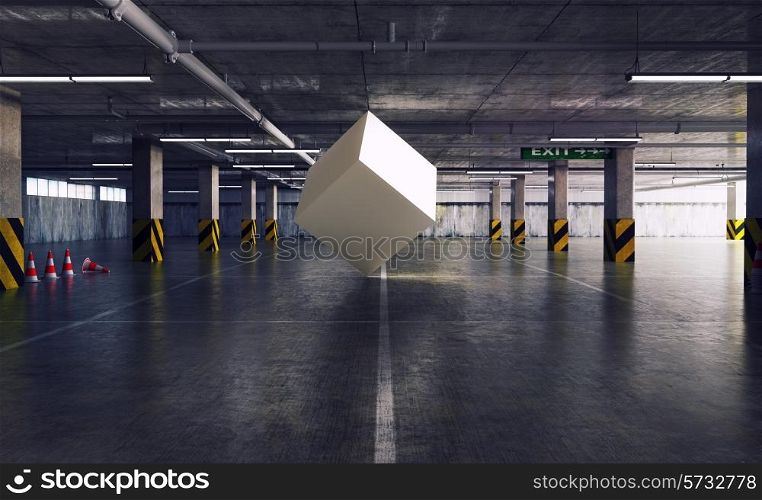 geometric figure cube in the parking. 3d creative concept