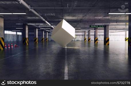 geometric figure cube in the parking. 3d creative concept