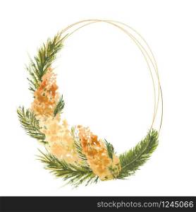 Geometric frame with Mimosa branches on the outer edge on a white isolated background. Watercolor illustration. Geometric frame with Mimosa branches on the outer edge on a white isolated background. Watercolor illustration.