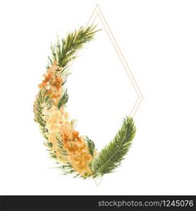 Geometric frame with Mimosa branches on the outer edge on a white isolated background. Watercolor illustration. Geometric frame with Mimosa branches on the outer edge on a white isolated background. Watercolor illustration.