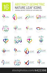 Geometric leaf icon set. Thin line geometric flat style symbols or logotypes. Nature green environmental concept, new life idea in various color variations. Eco love heart