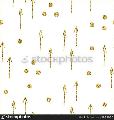 Geometric seamless pattern with gold and white colors. . Geometric seamless pattern with gold and white colors. Glitter gold arrows and dots background. Vintage style golden backdrop