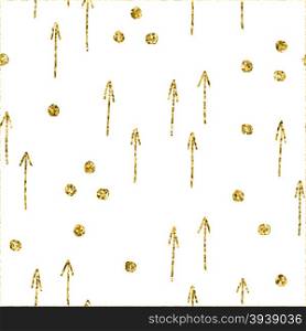 Geometric seamless pattern with gold and white colors. . Geometric seamless pattern with gold and white colors. Glitter gold arrows and dots background. Vintage style golden backdrop