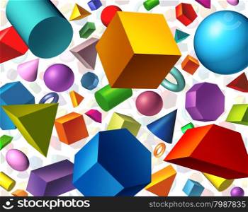 Geometric shapes background and geometry concept as basic three dimensional figures as a cube sphere cylinder floating on white as an education and math learning symbol.