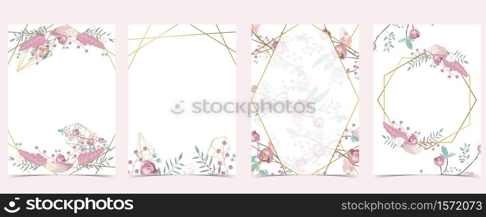 Geometry pink gold wedding invitation card with rose,leaf,wreath,feather and frame