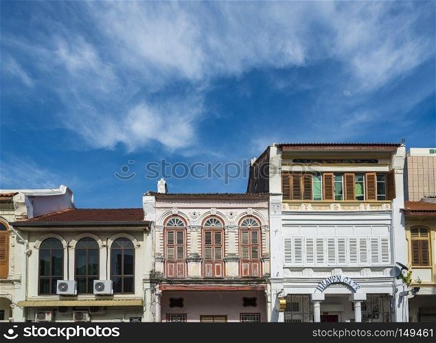 Georgetown, Penang, Malaysia - JULY 1, 2015 Traditional Malaysian colonial houses on a street in Georgetown