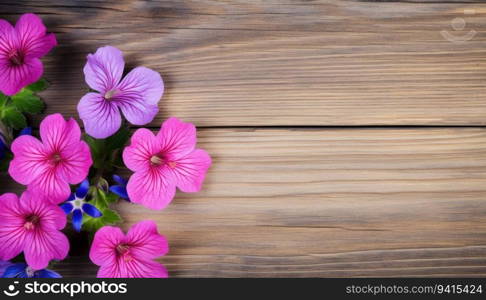 Geranium flowers on wooden background. Top view with copy space.