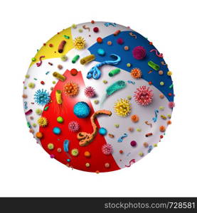 Germ disease spread on a contaminated beach ball isolated on white and the danger of spreading illness in public as a health care risk concept as dirty infected leisure toys with microscopic viruses and bacteria as a 3D illustration.