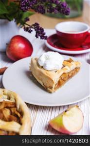 German apple pie with ice cream and a cup of coffee. still life