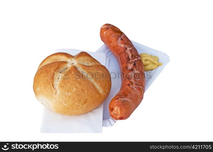 German Bratwurst with bun and mustard