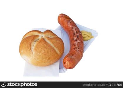 German Bratwurst with bun and mustard