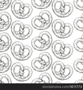 German cuisine and traditional recipes of baking, bretzels seamless pattern. Crunchy baked pretzels, snacks monochrome sketch outline, tasty meal in form of knot. Salty bread vector in flat style. Bretzel traditional german baked food monochrome seamless pattern