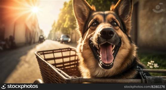 German Shepherd dog have fun bicycle ride on sunshine day morning in summer on town street