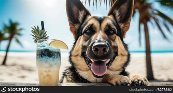 German Shepherd dog is on summer vacation at seaside resort and relaxing rest on summer beach of Hawaii