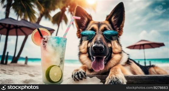 German Shepherd dog is on summer vacation at seaside resort and relaxing rest on summer beach of Hawaii