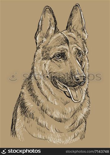 German Shepherd Dog vector hand drawing illustration in black and white colors isolated on beige background