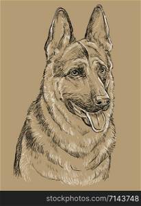 German Shepherd Dog vector hand drawing illustration in black and white colors isolated on beige background