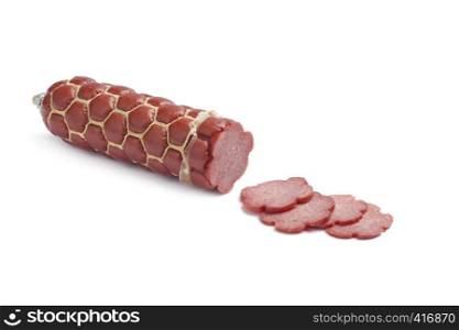 German type of salami sausage on white background
