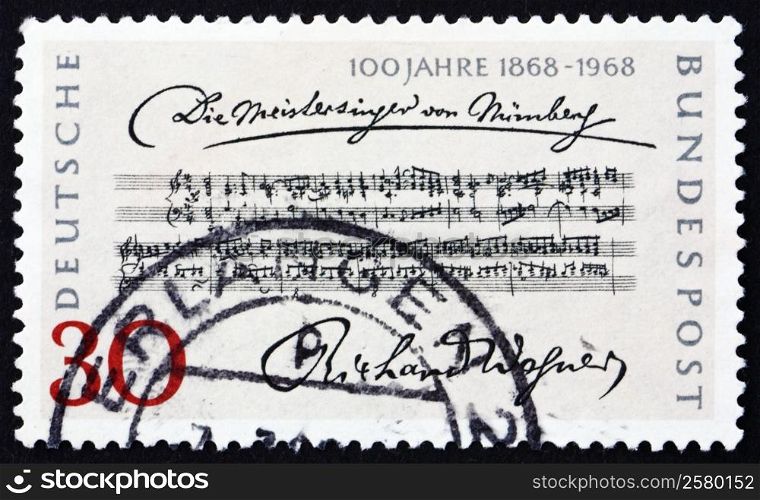 GERMANY - CIRCA 1968: a stamp printed in the Germany shows Opening Bars, Die Meistersinger von Nurnberg by Richard Wagner, Centenary of the 1st Performance, circa 1968