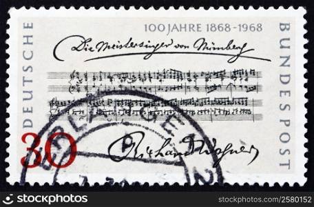 GERMANY - CIRCA 1968: a stamp printed in the Germany shows Opening Bars, Die Meistersinger von Nurnberg by Richard Wagner, Centenary of the 1st Performance, circa 1968