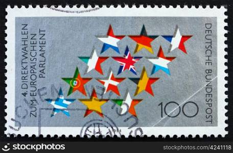 GERMANY - CIRCA 1994: a stamp printed in the Germany shows Stars and Flags of EU, Fourth European Parliamentary Elections, circa 1994