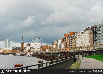GERMANY, DUSSELDORF - NOVEMBER 28,2017: Beautiful shore of Rhine river during day in Dusseldorf , Nordrhein-Westfalen, Germany