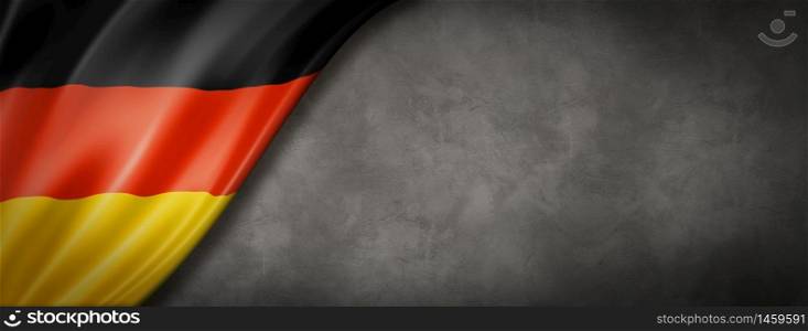Germany flag on concrete wall. Horizontal panoramic banner. 3D illustration. German flag on concrete wall banner