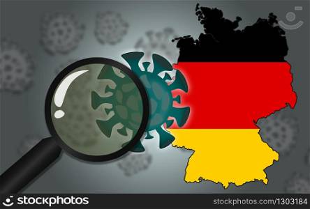 Germany map with coronavirus under magnifier, 3D rendering