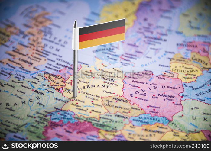 Germany marked with a flag on the map.. Germany marked with a flag on the map