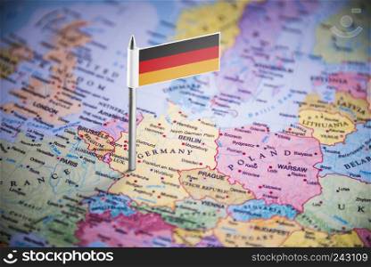 Germany marked with a flag on the map.. Germany marked with a flag on the map