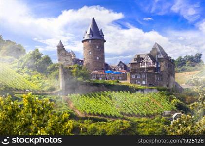 Germany tourism. German Rhine river cruises and picturesque medieval castles. Popular tourist destination and attraction in Rhineland-Palatinate