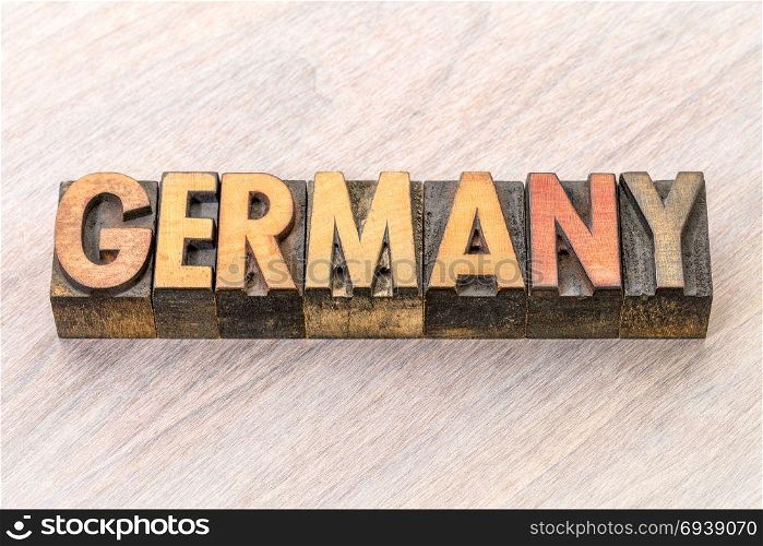 Germany word in vintage letterpress wood type against grained wood