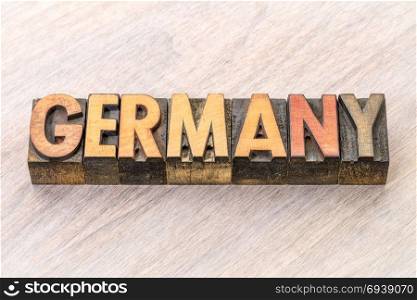 Germany word in vintage letterpress wood type against grained wood