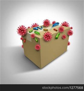 Germs and disease on delivery packages as a closed cardboard box with virus and bacteria cells representing the concept of health and hygiene as a 3D illustration.