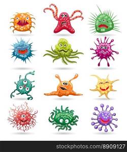 Germs cartoon characters set. Germs cartoon characters isolated on white background. Funny bacteria and virus colored set vector illustration