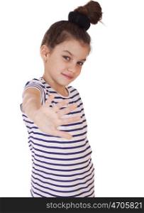 Gesture and happy people concept - smiling little girl in white blank t-shirt showing gesture with fingers