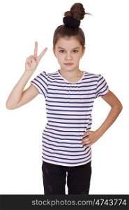 Gesture and happy people concept - smiling little girl in white blank t-shirt showing gesture with fingers