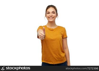 gesture and people concept - happy smiling young woman or teenage girl in orange t-shirt showing thumbs up over white background. woman or teenage girl in t-shirt showing thumbs up