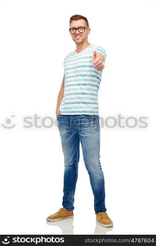 gesture and people concept - young smiling man in eyeglasses showing thumbs up over white. young smiling man in eyeglasses showing thumbs up