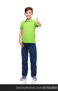 gesture, childhood, fashion and people concept - happy smiling boy in green polo t-shirt showing thumbs up