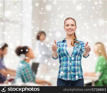gesture, education, school and people concept - smiling student girl showing thumbs up over classroom and snow background