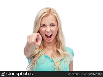 gesture, emotions, expressions and people concept - happy smiling young woman or teenage girl pointing finger to you