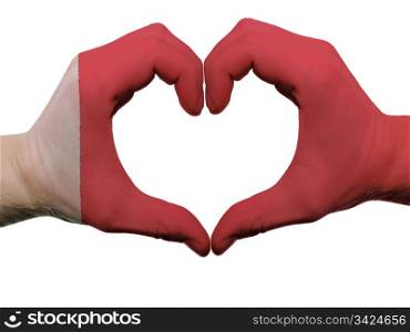 Gesture made by bahrain flag colored hands showing symbol of heart and love, isolated on white background