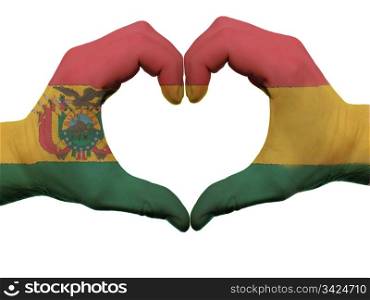 Gesture made by bolivia flag colored hands showing symbol of heart and love, isolated on white background