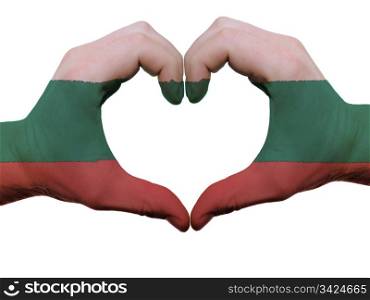 Gesture made by bulgaria flag colored hands showing symbol of heart and love, isolated on white background