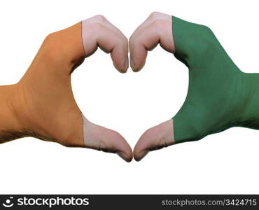 Gesture made by costa rica flag colored hands showing symbol of heart and love, isolated on white background