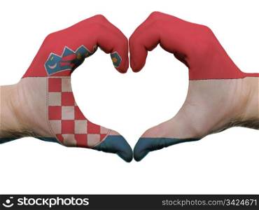 Gesture made by croatia flag colored hands showing symbol of heart and love, isolated on white background