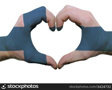 Gesture made by finland flag colored hands showing symbol of heart and love, isolated on white background